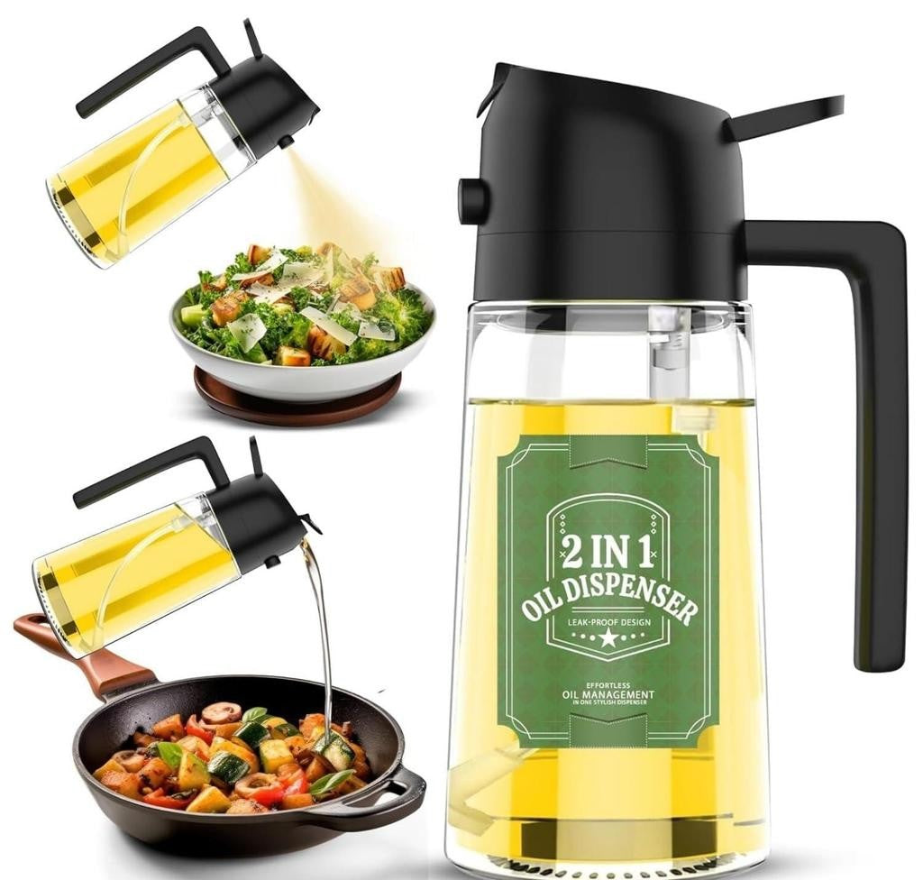 Oil dispenser bottle in use for salad and cooking