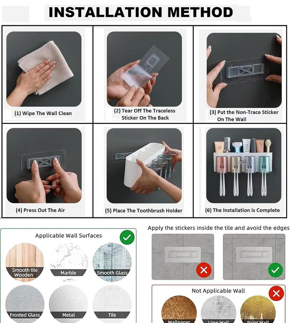 Wall-Mount Toothbrush Holder with 4 Cups
