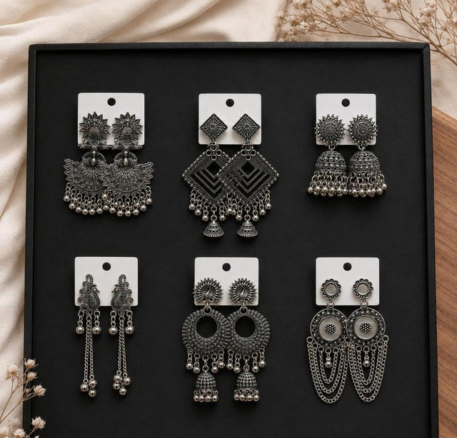 Oxidised Silver-Tone Jhumka Earrings Set of 6
