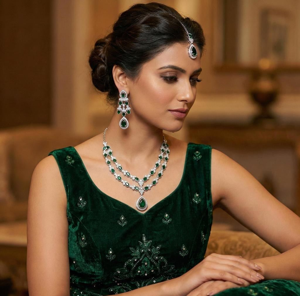 Green Stone 2-Layer Necklace Set with Earrings