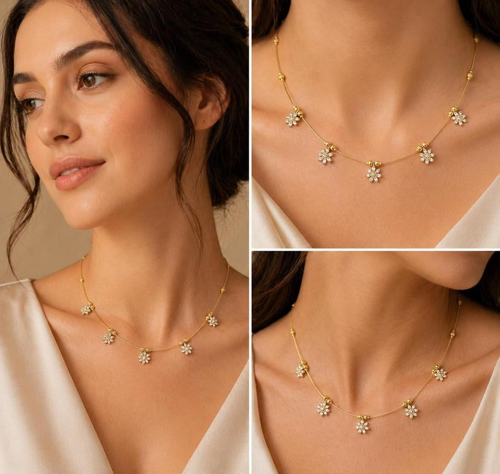 Floral Stone Invisible Necklace, Gold-Tone