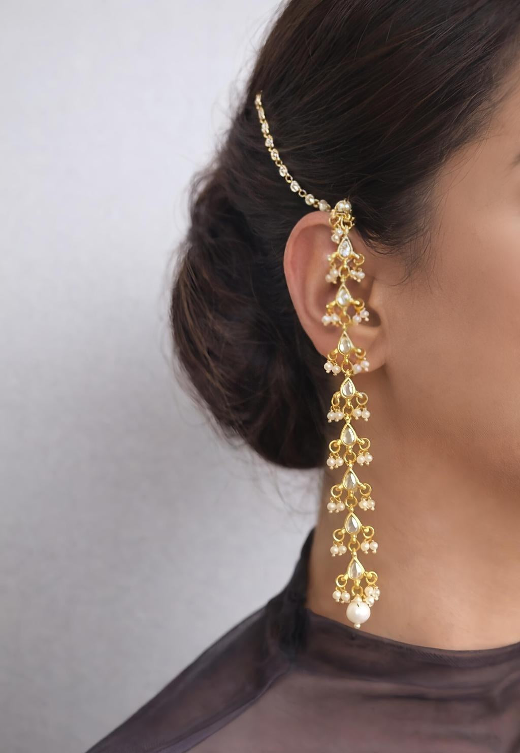 Gold-Tone Pearl Earrings with Ear Chain