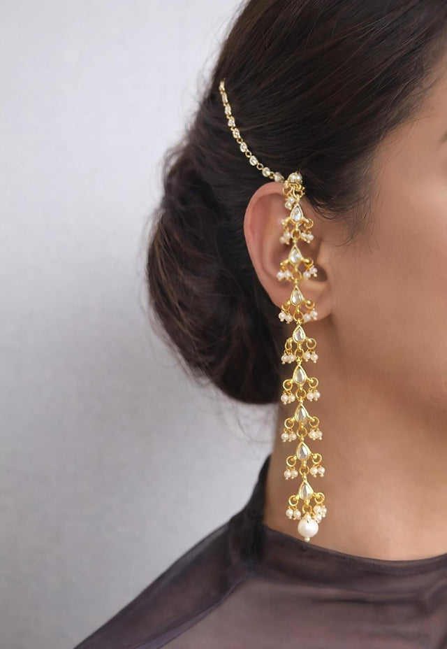 Gold-Tone Pearl Earrings with Ear Chain